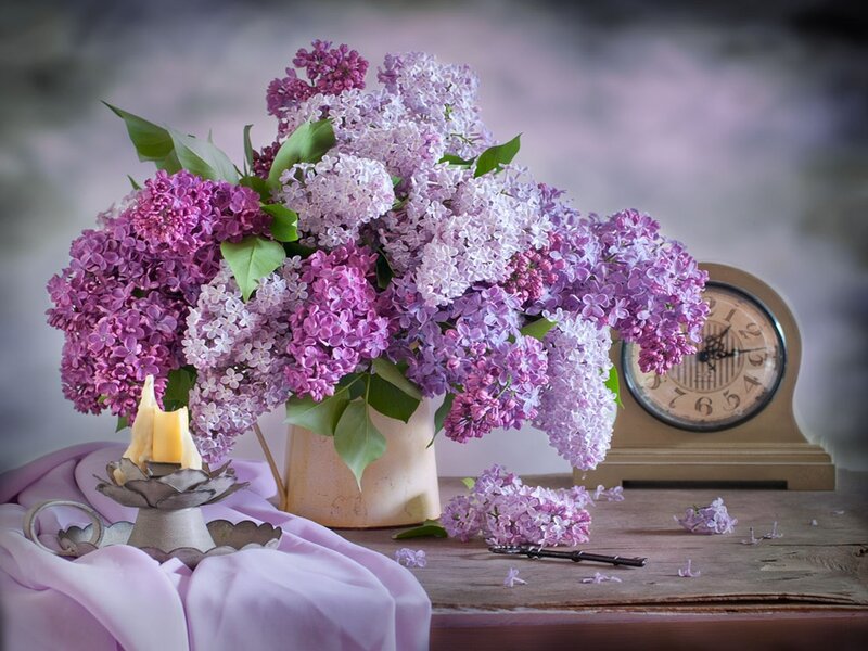 Bouquet of Lilac Flowers — Purple, Serene, Spring, Photograph, Clock