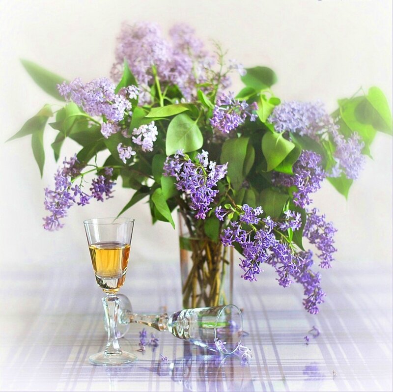 Bouquet of Lilac Flowers — Purple, Serene, Spring, Photograph, Glass of Liquid