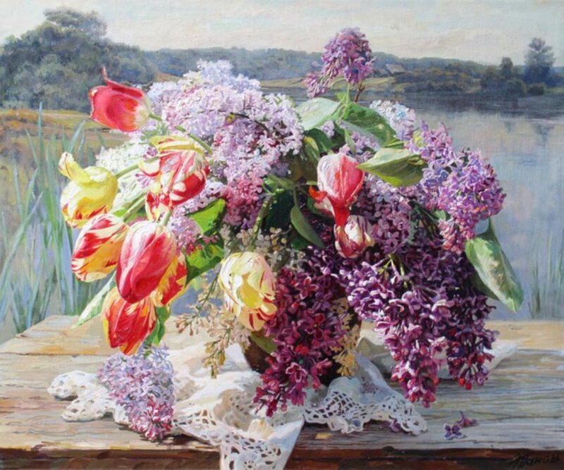 Bouquet of Lilacs and Tulips — Purple, Serene