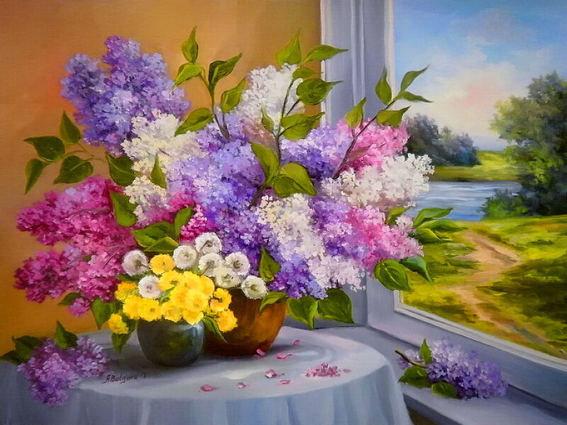 Bouquet of Lilacs on Table — Purple, Serene, Afternoon