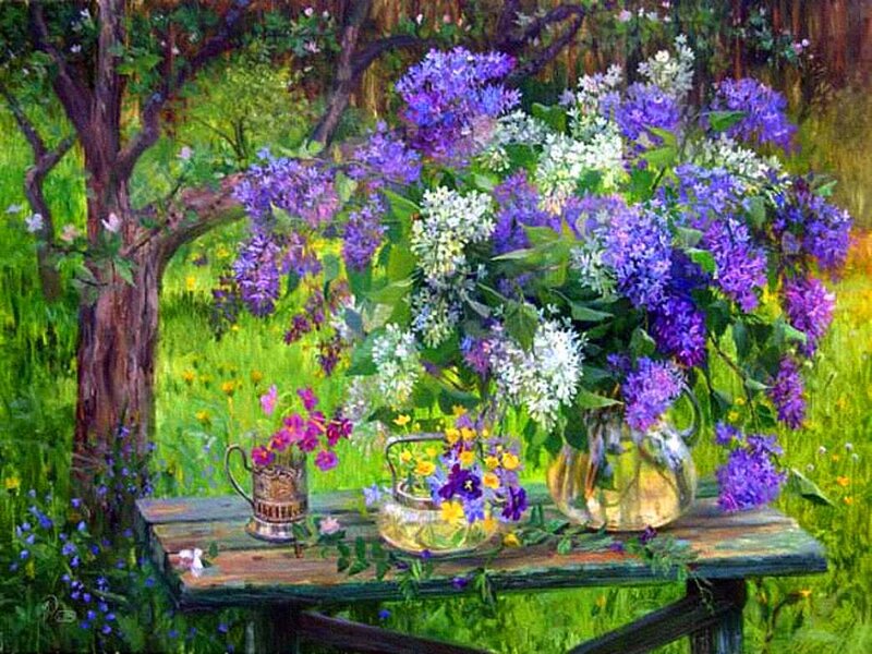 Bouquet of Lilacs on Table — Purple, Serene, Summer