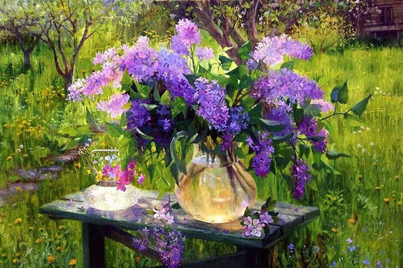 Bouquet of Lilacs on Table — Purple