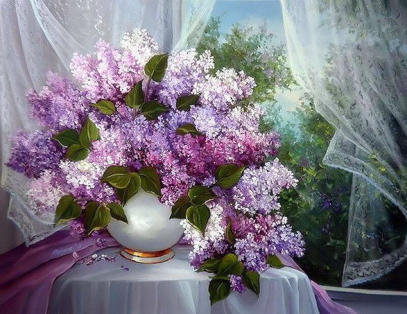 Bouquet of Lilacs — Purple, Serene, Spring, Painting, Vase, Curtains