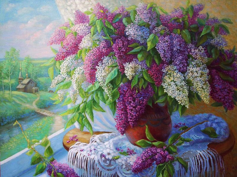 Bouquet of Lilacs — Purple, Serene, Spring, Painting, Vase, Tablecloth, Landscape