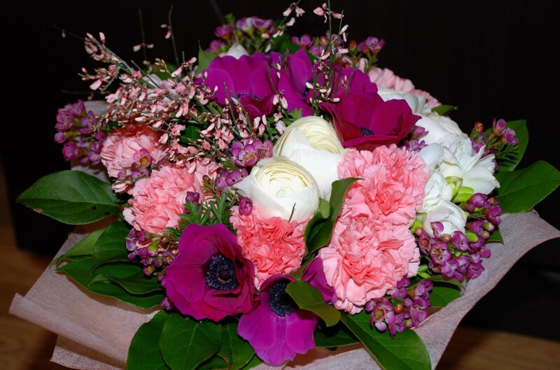 Bouquet of Mixed Flowers — Pink, Calm, Photograph, Green Leaves, Pink Carnations