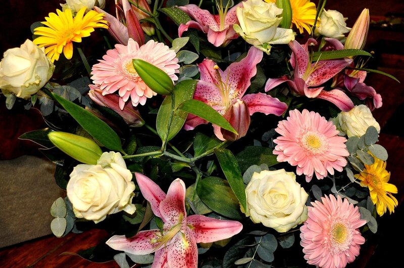 Bouquet of Mixed Flowers — Pink, Calm, Photograph, Roses, Lilies, Gerbera Daisies