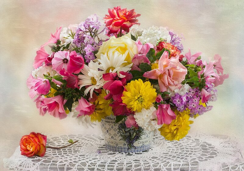 Bouquet of Mixed Flowers — Pink, Calm, Photograph, Vase, Doily