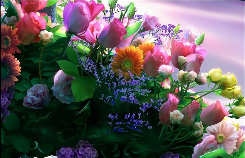 Bouquet of Mixed Flowers — Pink, Vibrant, Afternoon, Digital Art, Roses