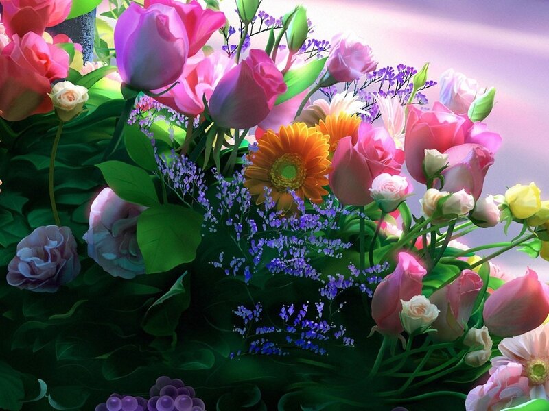 Bouquet of Mixed Flowers — Pink, Vibrant, Digital Art