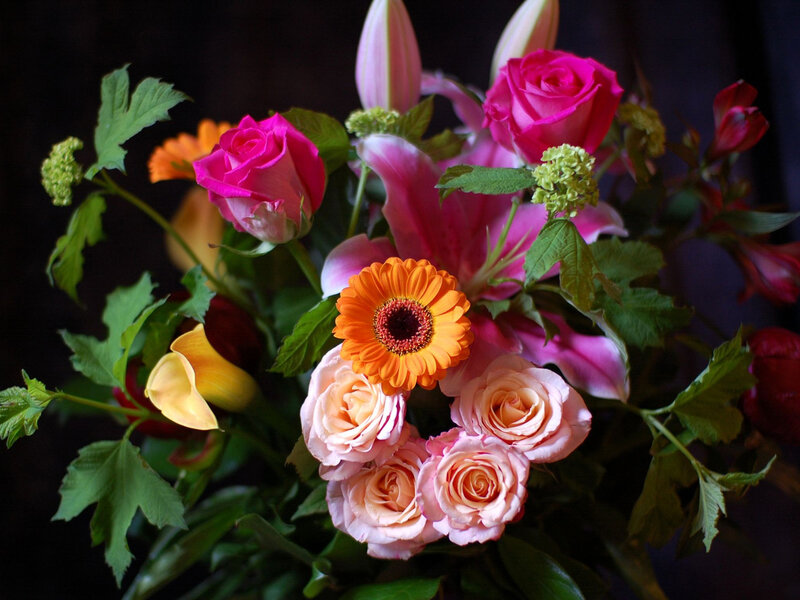 Bouquet of Mixed Flowers — Pink, Vibrant, Photograph, Roses, Lilies