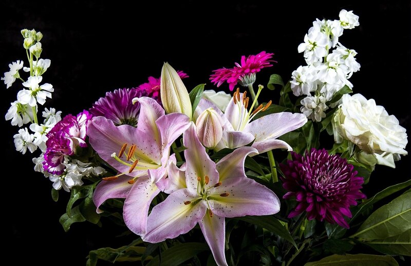 Bouquet of Mixed Flowers — Purple, Dramatic, Photograph, Lilies