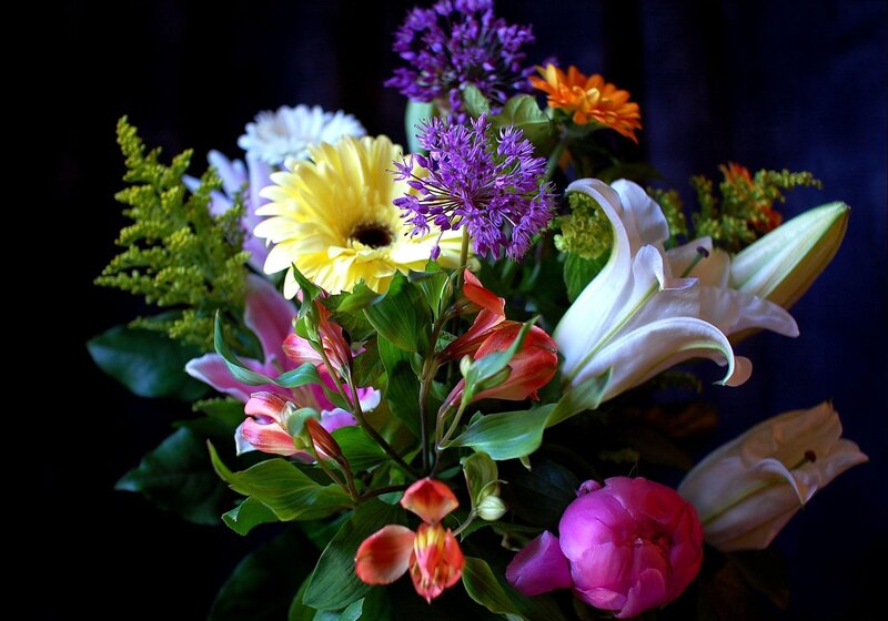 Bouquet of Mixed Flowers — Purple, Vibrant, Photograph, Lilies