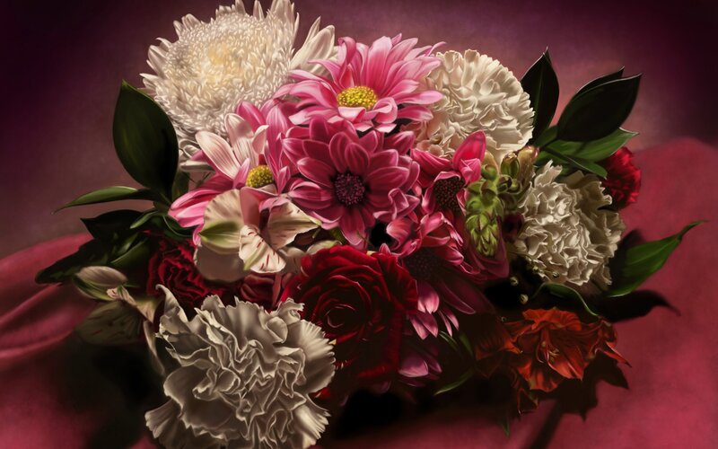 Bouquet of Mixed Flowers — Red, Dramatic, Digital Art