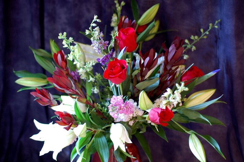 Bouquet of Mixed Flowers — Red, Dramatic, Photograph, Roses