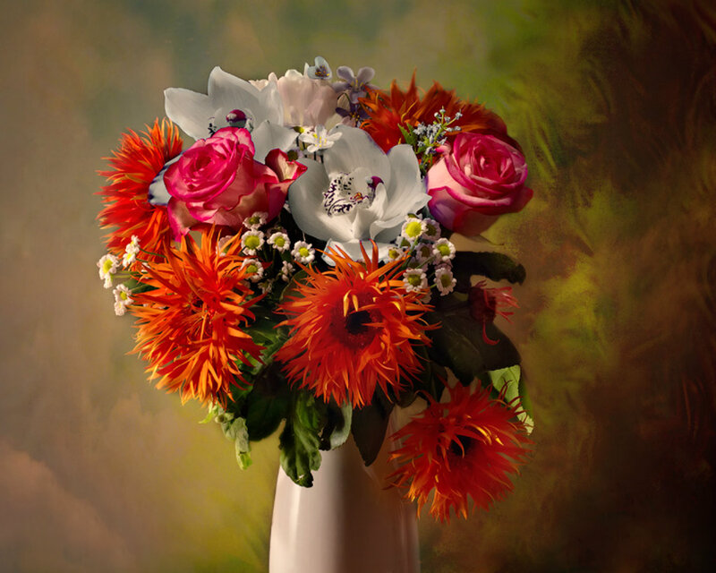 Bouquet of Mixed Flowers — Red, Dramatic, Photograph