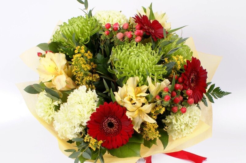 Bouquet of Mixed Flowers — Red, Festive, Photograph, Red Gerbera Daisies