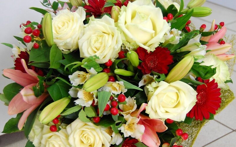 Bouquet of Mixed Flowers — White, Festive, Photograph