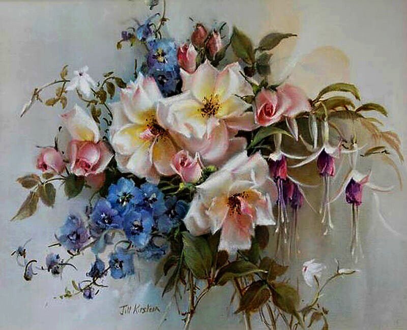 Bouquet of Mixed Flowers — White, Serene, Painting