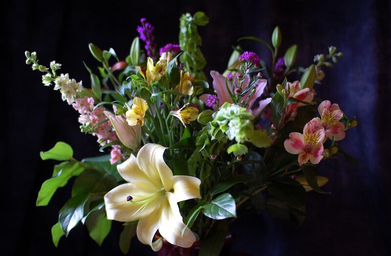 Bouquet of Mixed Flowers — Yellow, Dramatic, Photograph, Lilies