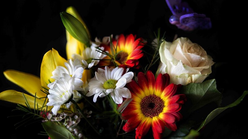Bouquet of Mixed Flowers — Yellow, Dramatic, Photograph, Rose