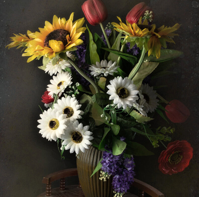 Bouquet of Mixed Flowers — Yellow, Dramatic, Photograph, Vase