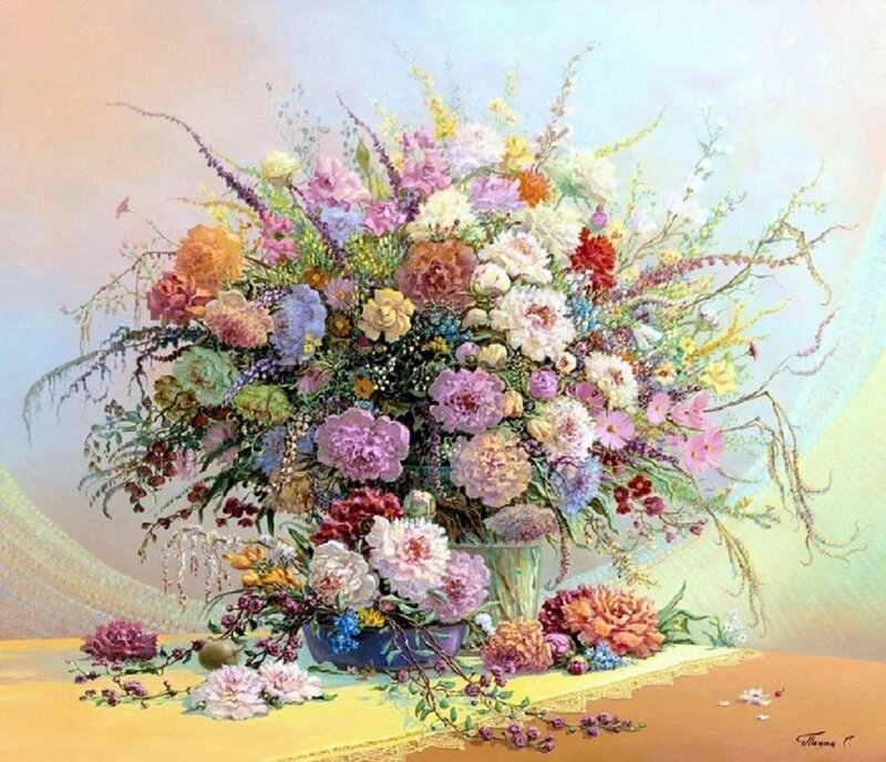 Bouquet of Mixed Flowers — Yellow, Serene, Painting