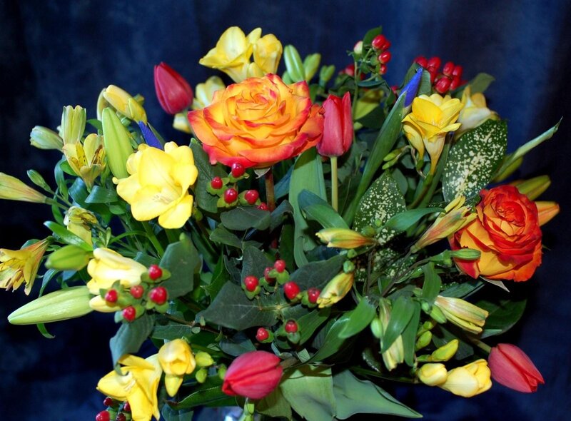 Bouquet of Mixed Flowers — Yellow, Vibrant, Photograph, Roses, Tulips, Berries
