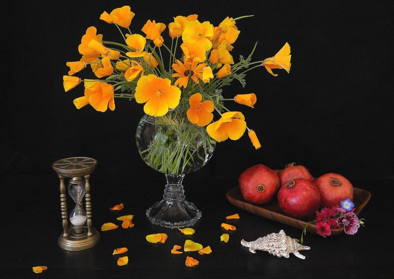 Bouquet of Orange Flowers — Dramatic, Photograph, Pomegranates