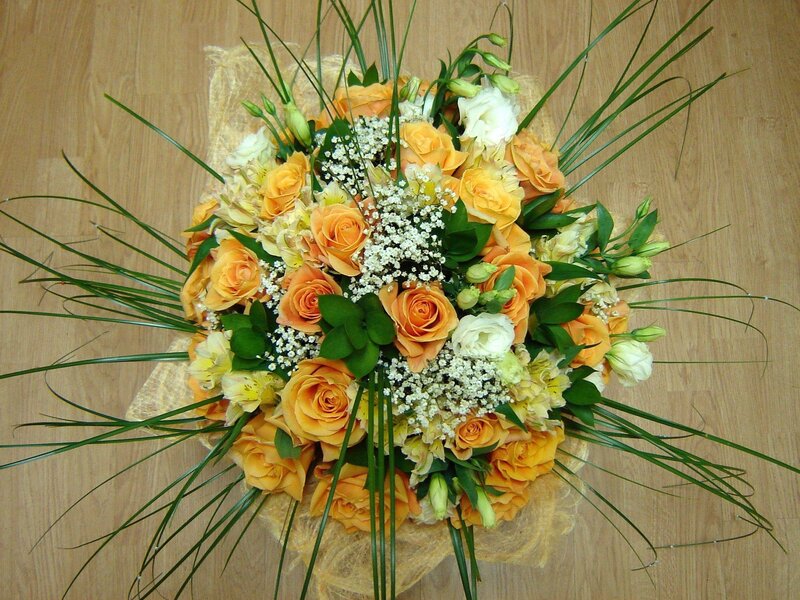 Bouquet of Orange Roses — Calm, Photograph, White Baby's Breath, Green Grass, Yellow Alstroemeria