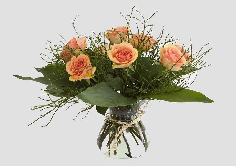 Bouquet of Peach Roses — Calm, Photograph, Green Leaves, Glass Vase