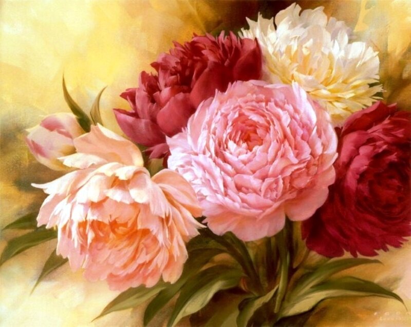 Bouquet of Peonies — Pink, Serene, Painting, Flowers, Leaves, Background