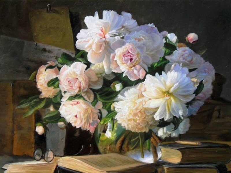 Bouquet of Peonies — White, Calm, Painting