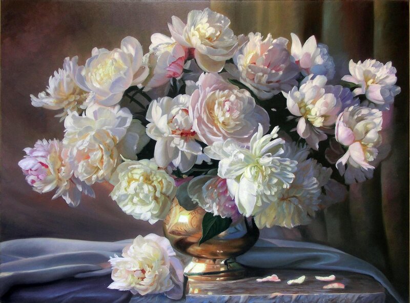 Bouquet of Peonies — White, Serene, Painting, Vase, Fabric, Petals