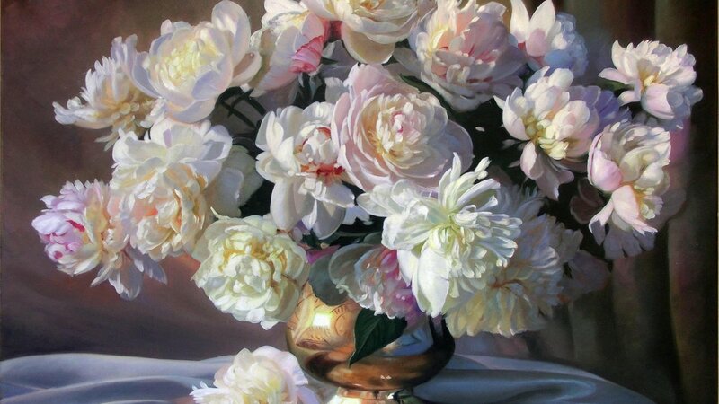 Bouquet of Peonies — White, Serene, Painting, Vase, Tablecloth