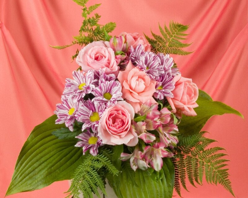 Bouquet of Pink Flowers — Calm, Photograph, Roses, Chrysanthemums, Ferns