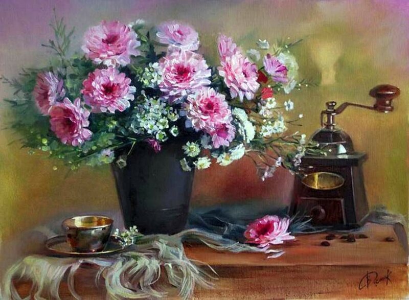 Bouquet of Pink Flowers — Serene, Painting, Coffee Grinder