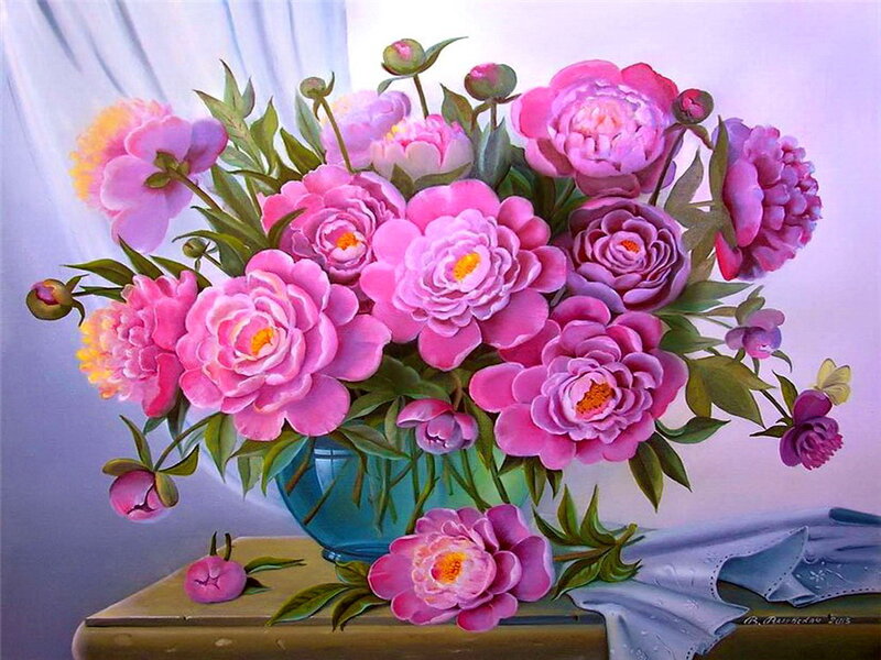 Bouquet of Pink Peonies — Serene, Painting, Vase, Table