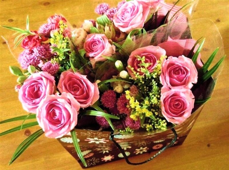 Bouquet of Pink Roses — Calm, Photograph, Green Leaves, Yellow Flowers, Paper Bag