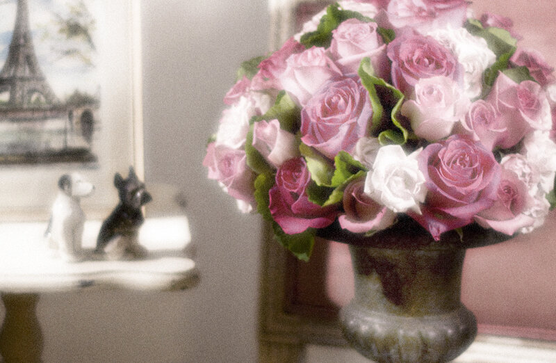 Bouquet of Pink Roses — Calm, Photograph, Vase, Dog Figurines