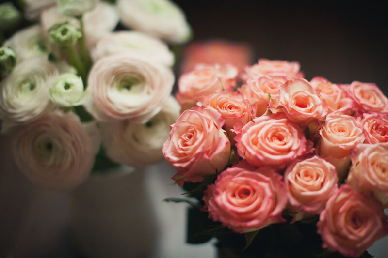 Bouquet of Pink Roses — Calm, Photograph, White Flowers, Vase