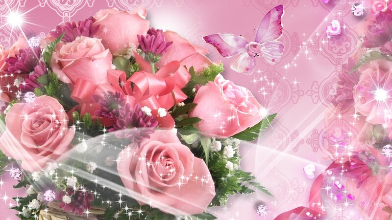 Bouquet of Pink Roses — Romantic, Digital Art, Butterfly