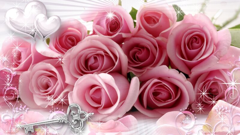 Bouquet of Pink Roses — Romantic, Digital Art, Hearts, Key