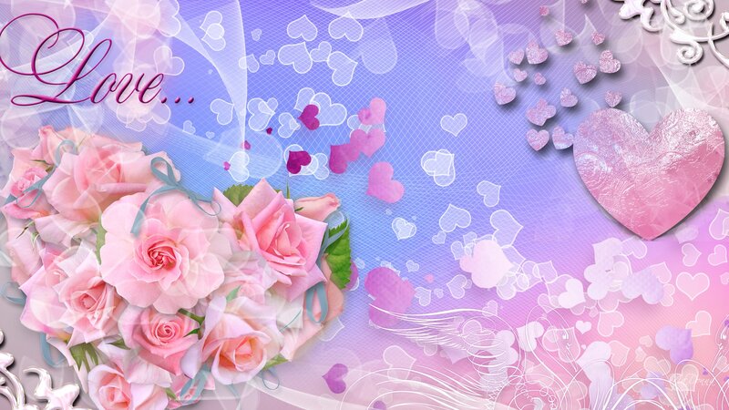 Bouquet of Pink Roses — Romantic, Digital Art, Hearts