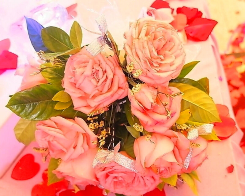 Bouquet of Pink Roses — Romantic, Photograph, Green Leaves, Small Yellow Flowers
