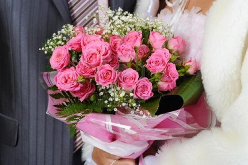 Bouquet of Pink Roses — Romantic, Photograph, Person in Suit