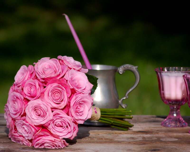 Bouquet of Pink Roses — Serene, Afternoon, Photograph, Silver Pitcher