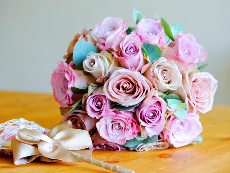 Bouquet of Pink Roses — Serene, Photograph, Green Leaves, Satin Ribbon