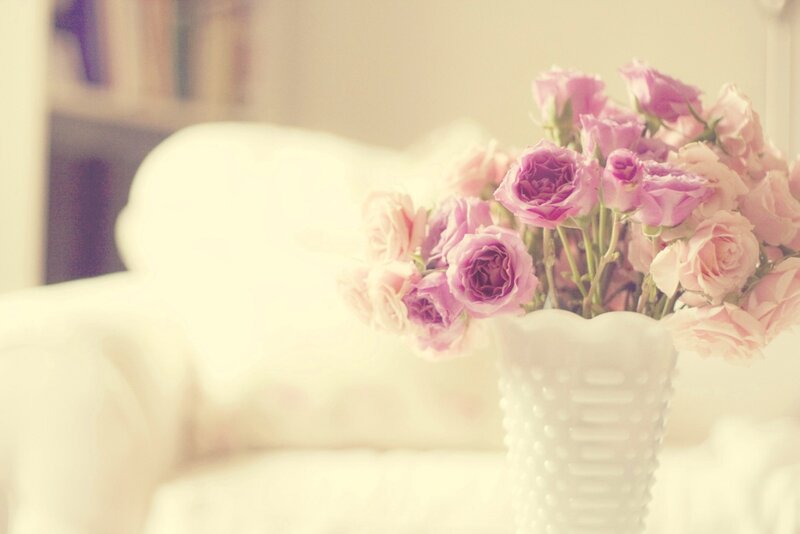 Bouquet of Pink Roses — Serene, Photograph, Vase, Couch
