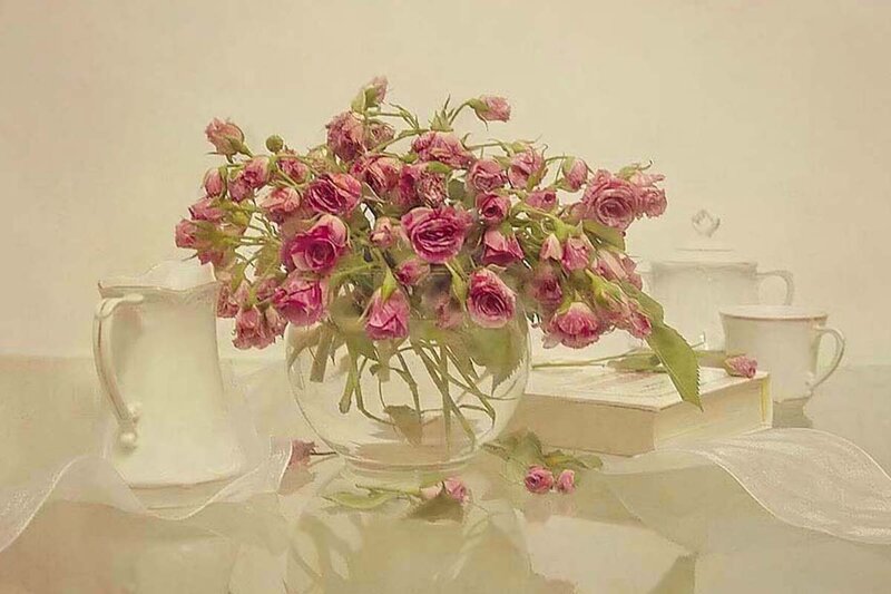 Bouquet of Pink Roses — Serene, Photograph, Vase, Pitcher