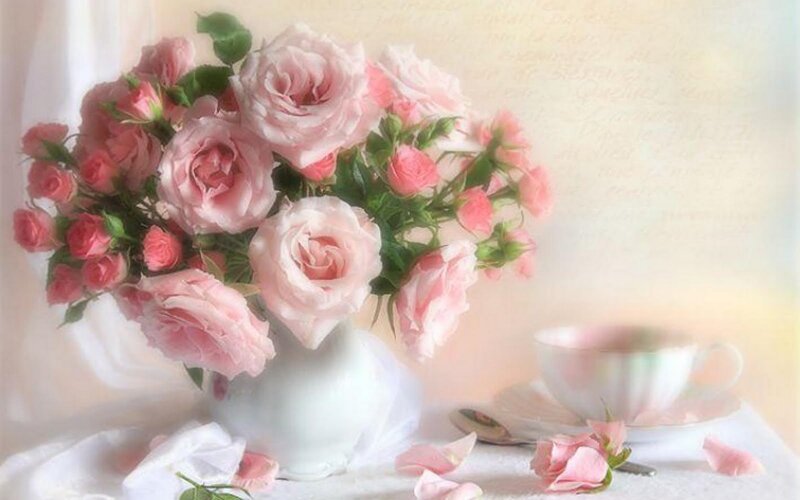 Bouquet of Pink Roses — Serene, Photograph, Vase, Teacup, Saucer, White